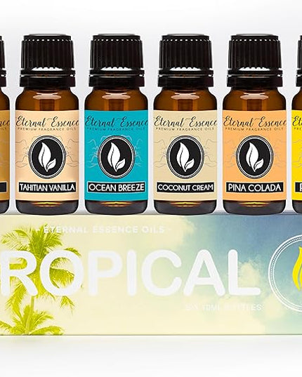 Eternal Essence Oils Tropical Set of 6 Premium Fragrance Oils - Includes Coconut Cream, Bay Rum, Pina Colada, Tahitian Vanilla, Ocean Breeze, and Pineapple Scented Oils - 10ML
