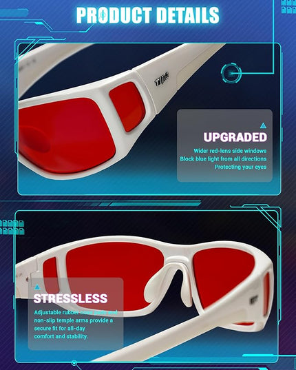 TIJN Sonia Sleep Glasses for Blue & Green Light Blocking,Red Lens with Dual AR Coating,Wraparound Frame for Gaming Screen