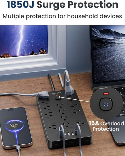 Surge Protector Power Strip-14 Outlets and 6 USB Ports, 6 Feet Flat Plug Extension Cord, 1850 Joules, Black, ETL Listed for Home, Office, Dorm Room