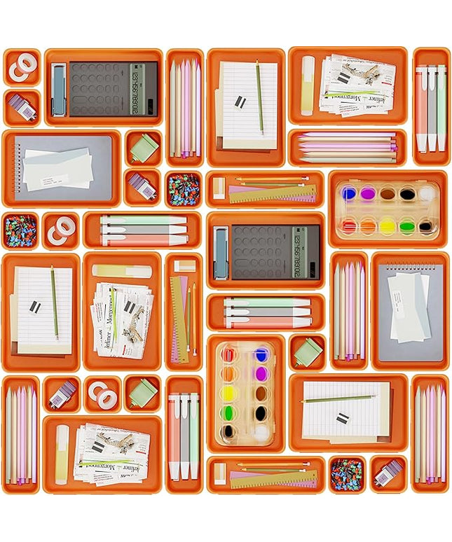 45 Pack Desk Drawer Organizer Tray, 3 Sizes Plastic Drawers Organizer Storage for Kitchen, Bathroom, Office, Vanity, Makeup, Utensils, Junk Drawer Organizer Bins, Gadget Trays for Organizing, Orange