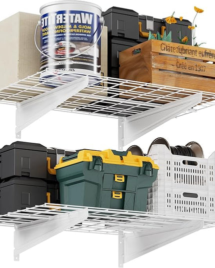 2-Pack 2x3ft Garage Wall Shelving, 24"x36" Shelf Storage Rack Floating Shelves Wall Mounted, Heavy Duty Storage Shelves, 800lbs Load Capacity, with 16 Hooks for Garage Organization, White