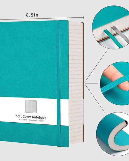 AHGXG Graph Paper Notebook - Grid Paper Notebook Large A4 8.5''×11'', 320 Pages Thick Journal, 100gsm Thick Graph Paper, Leather Softcover, Inner Pocket - Cyan