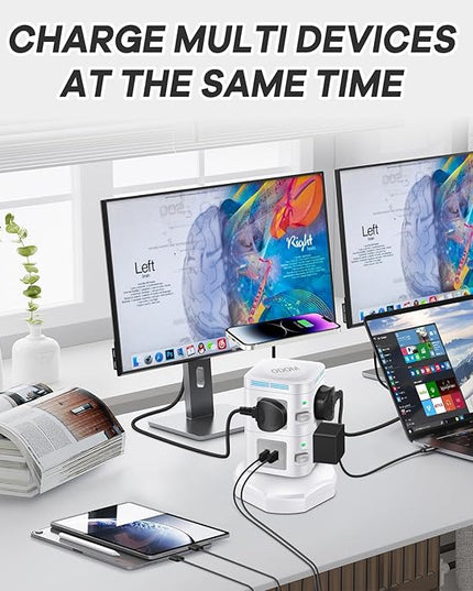 Power Strip Surge Protector, ODOM Power Strip Tower with 15W Fast Wireless Charger, 4 USB Ports + 6 Outlets + 6 Feet Retractable Extension Cord, Multiple Plug Charging Tower for Home Office Dorm