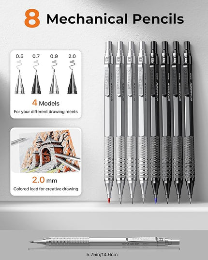 STAGEEK 45PCS Black & Silver Metal Mechanical Pencil Set in Leather Case, 0.5, 0.7, 0.9, 2.0mm Drafting Pencils with 28 Tubes(6B 4B 2B HB 2H 4H & Colors)Lead Refills for Art Drawing, Sketching,Writing