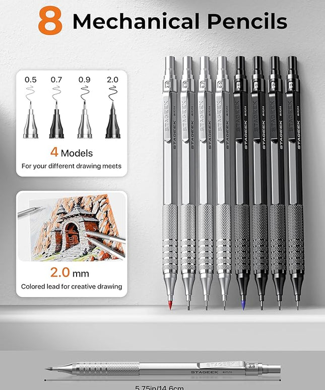 STAGEEK 45PCS Black & Silver Metal Mechanical Pencil Set in Leather Case, 0.5, 0.7, 0.9, 2.0mm Drafting Pencils with 28 Tubes(6B 4B 2B HB 2H 4H & Colors)Lead Refills for Art Drawing, Sketching,Writing