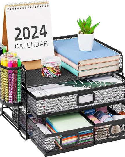 Marbrasse 3 Tier Mesh Desk Organizer with Drawer, Multi-Functional Desk Organizers and Accessories, Paper Letter Organizer with 2 Pen Holder for Home Office Supplies (Black)