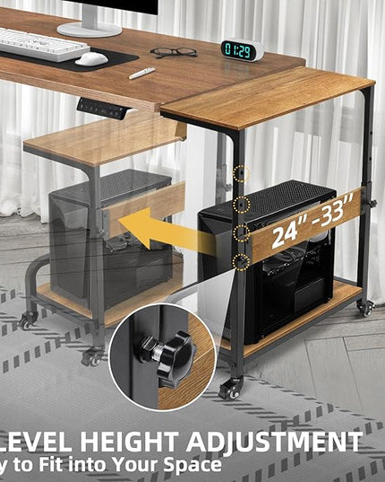 2-Tier Computer Tower Stand Adjustable, Gaming PC Floor Stand Large for ATX, E-ATX, ITX, Rolling PC Tower Cart with Guardrail, Metal Locking Wheels, 32.7" X 21.6" X 15.8",Walnut