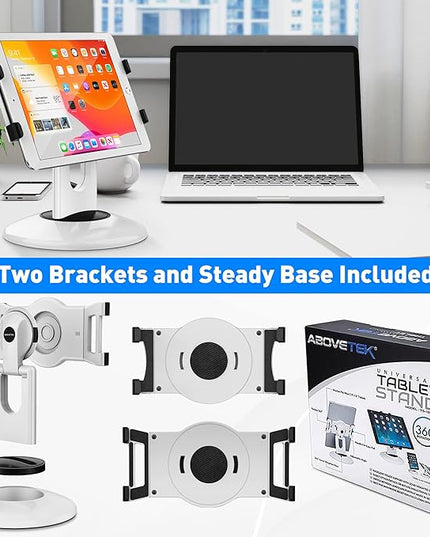 AboveTEK Retail Kiosk iPad Stand, 360° Rotating Commercial POS Tablet Stand, Fits 6"-13" (Screens) iPad mini Pro-Business Swivel Tablet Holder, for Store Office Reception Kitchen Desktop (White)