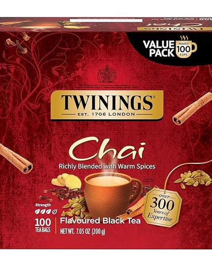 Twinings Chai Black Tea Individually Wrapped Bags, 100 Count (Pack of 1), Richly Blended with Warm Spices, Caffeinated, Enjoy Hot or Iced, 100 Teabags