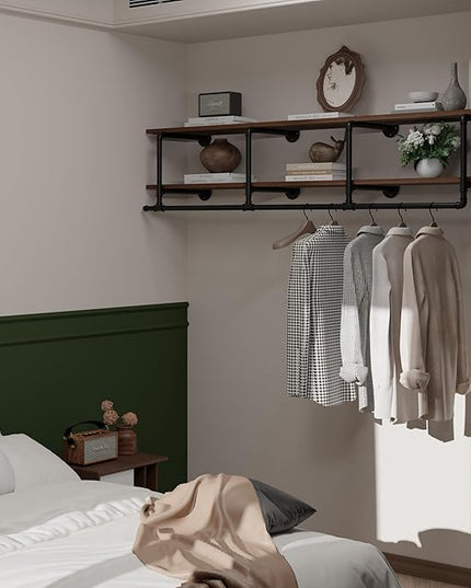 Wall Mounted Clothes Rack 12 Inch Deep, 72 Inch Heavy Duty Garment Rack with Real Walnut Wood Shelf, Multi-Purpose Hanging Rod & Space-Saving Closet Storage Organizer