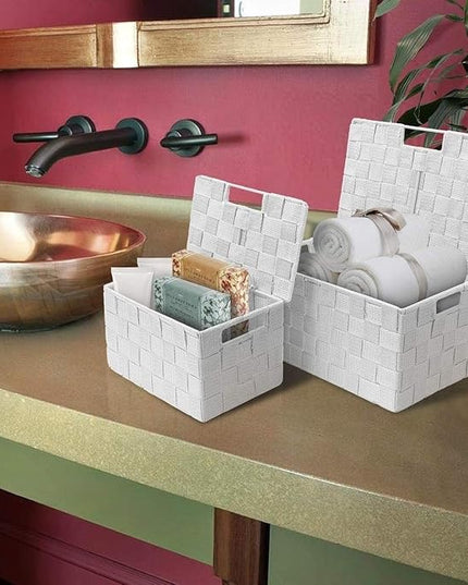 Sorbus Set of 3 Hand-Woven Storage Baskets with Lids – Decorative Wicker Organizers for Home, Closet, or Shelves (White)