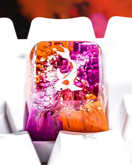 Kohaku Koi Fish Artisan Keycap Purple and Orange Ocean Coral Reef R1 SA Profile Custom Keycaps 1U ESC Handmade Gaming Resin Key Cap Cherry MX Switch Compatible Mechanical Keyboard Koi Lover Gift