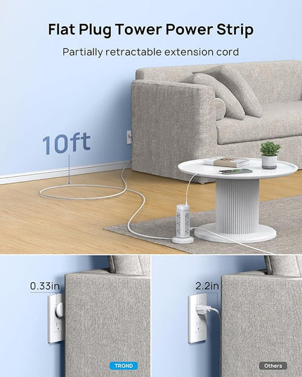 TROND Semi-Retractable Power Strip Tower - Flat Plug Surge Protector Power Strip with USB C PD 20W, 10ft Extension Cord with Multiple Outlets, 1700 Joules, Home Office Dorm Room Essentials, White