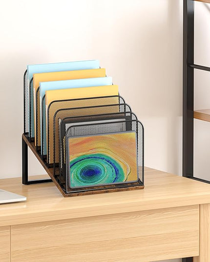 Piskyet Vertical File Organizer, 7-Section Vertical File Folder Holder Stand,Metal Mail Paper Chromebook Organizer for Teacher Desk Office Classroom Desktop Organization（Inclined）