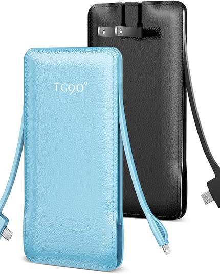 TG90° 2 Pack 10000mAh Power Bank Built-in Foldable AC Wall Plug and Cables,Ultra Slim Compact Cell Phone Fast Charger,External Battery Pack Compatible with iPhone and Android Devices,Black & Blue