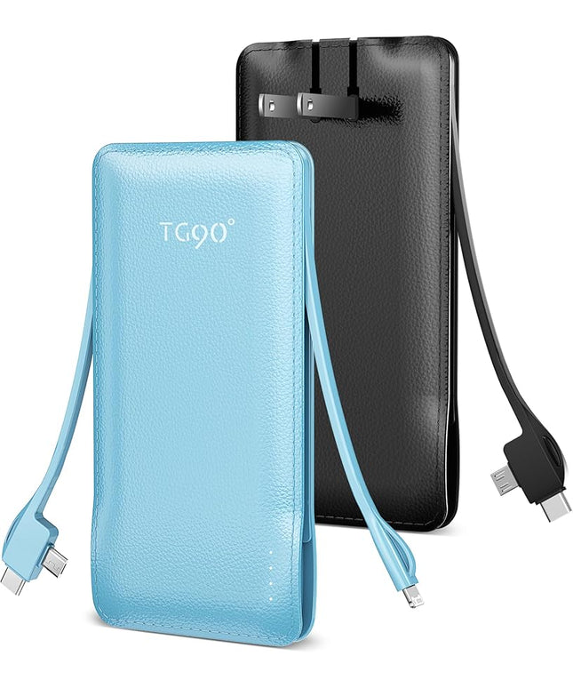 TG90° 2 Pack 10000mAh Power Bank Built-in Foldable AC Wall Plug and Cables,Ultra Slim Compact Cell Phone Fast Charger,External Battery Pack Compatible with iPhone and Android Devices,Black & Blue
