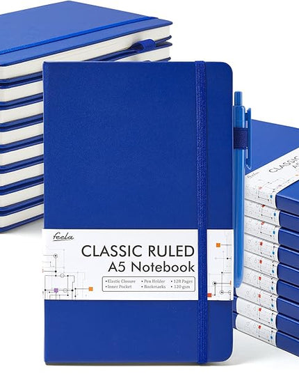 feela College Ruled Notebooks, 18 Pack Business Notebook Bulk Hardcover Lined Writing Journal with Pen Holder for Men Women Note Taking, with 18 Black Pens, 120 GSM, 5.1”x8.3”, A5, Navy