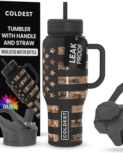 Coldest Tumbler with Handle and Straw, 100% Leak Proof Insulated Tumbler with Lid and Straw (3 Lids), Stainless Steel Tumblers for Women & Men, Cup Holder Friendly, 36 oz (Camouflage Flag)
