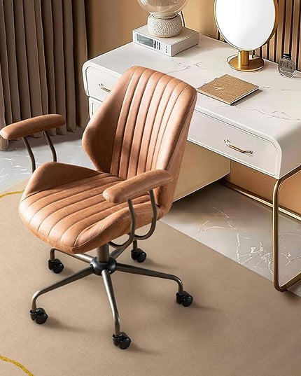 Mid Century Modren Office Chair - Fuax Leather Suede Brown Executive Chairs Ergonomic Mid Back with Lumbar Support, Swivel Computer Desk Task Chair with Wheels for Home Office (Brown, Mid Back)