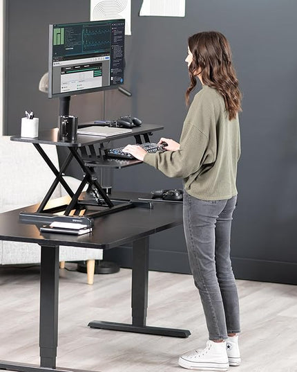 VIVO 42 inch Desk Converter, K Series, Height Adjustable Sit to Stand Riser, Dual Monitor and Laptop Workstation with Wide Keyboard Tray, Black Carbon Fiber Top, Black Frame, DESK-V042KR