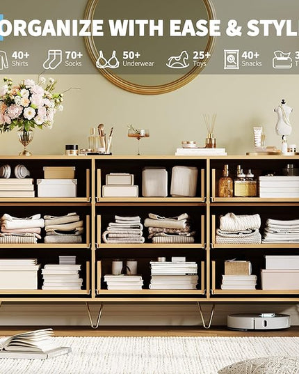 Garvee Fluted Dresser for Bedroom with 9 Drawers,63" Wide Modern Chest of Wooden Bedroom Chest with Metal Handle,Clothes Storage Organizer,Closet Dresser & TV Stand for Living Room,Hallway,Natural