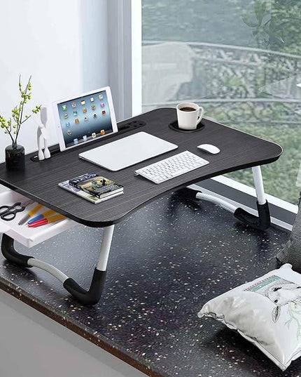 Slendor Lap Desk with Tablet Slot, Foldable Laptop Table with Storage Drawer for Bed，Portable Bed Desk for Laptop, Computer Tray with Cup Holder Notebook Stand Reading Holder for Couch Floor, Black