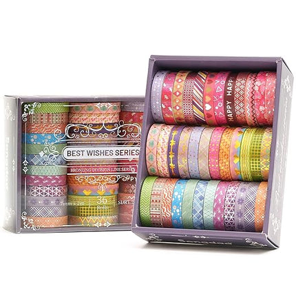 Songdao 36 Rolls Skinny Washi Tape Set Gold Foil Detailing Arts Adhesive Tapes Basic Patterns Decorative Masking Tape Sets for Craft, Kids, Scrapbook, DIY, Gift Wrapping (Kawaii)