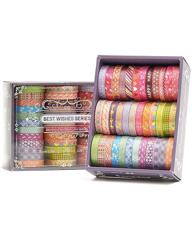 Songdao 36 Rolls Skinny Washi Tape Set Gold Foil Detailing Arts Adhesive Tapes Basic Patterns Decorative Masking Tape Sets for Craft, Kids, Scrapbook, DIY, Gift Wrapping (Kawaii)
