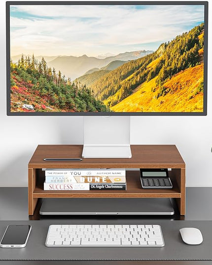 BONTEC Wooden Monitor Stand Riser, 2-Tier Desk Shelf with Storage Organizer, Ergonomic Computer Stand with Cable Management, Cellphone Holder, Walnut, 16.5 Inch