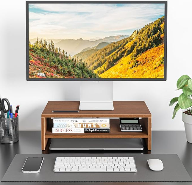 BONTEC Wooden Monitor Stand Riser, 2-Tier Desk Shelf with Storage Organizer, Ergonomic Computer Stand with Cable Management, Cellphone Holder, Walnut, 16.5 Inch