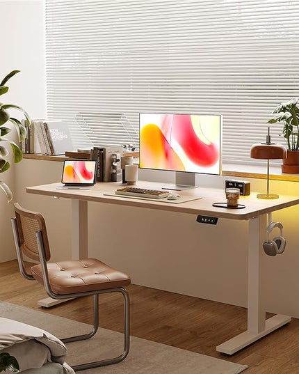 TIQLAB Electric Standing Desk, Adjustable Height Stand up Desk, 63 * 24 Inches Sit Stand Home Office Table with Splice Board, Light Walnut