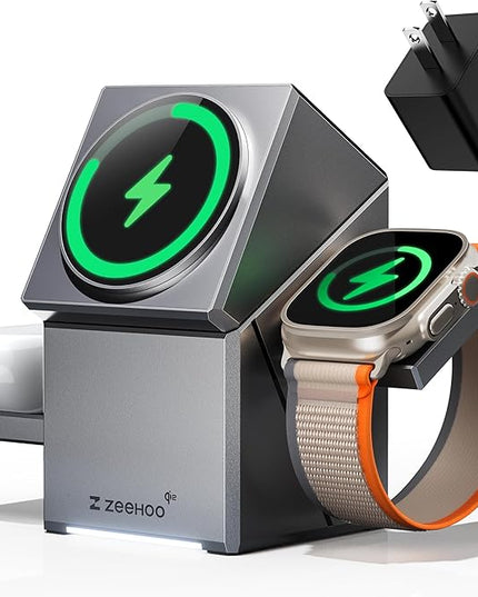 ZEEHOO 3 in 1 Charging Station for Apple, iPhone Mag-Safe Charger, Qi2 Certified, Rotating Wireless Charger Stand for iPhone 17,16,15,14,13,12 Series, Apple Watch, AirPods (USB-C Charger Included)