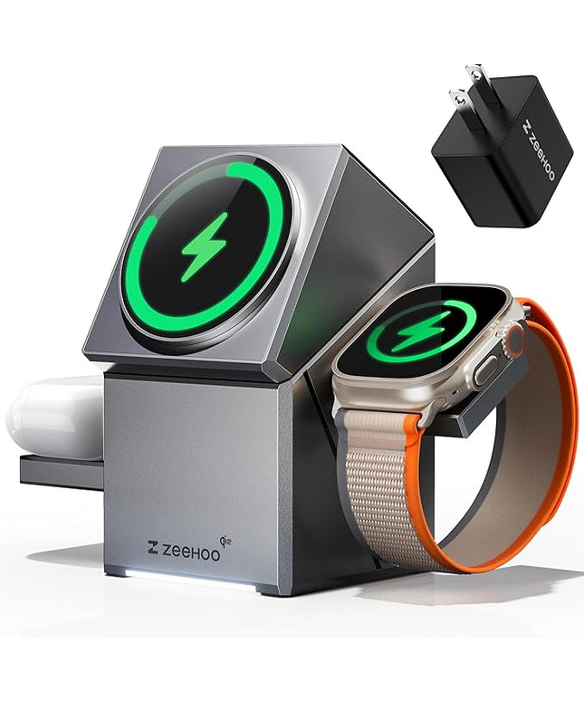 ZEEHOO 3 in 1 Charging Station for Apple, iPhone Mag-Safe Charger, Qi2 Certified, Rotating Wireless Charger Stand for iPhone 17,16,15,14,13,12 Series, Apple Watch, AirPods (USB-C Charger Included)