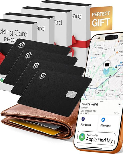 SPOTMINDERS Apple MFi Certified Credit Card Wallet Tracker PRO 4-Pack (iOS Only) Works with Apple Find My Rechargeable Tracking Card for Wallet IP68 0.07in Slim iPhone Item Finder for Luggage or Purse