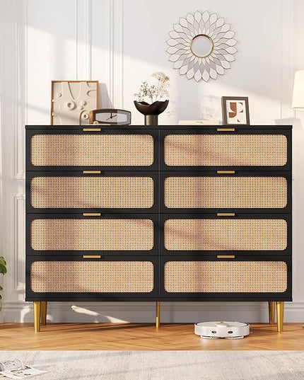 Garvee Rattan Dresser with 8 Drawers, Tall Modern Closet with Deep Storage, Large Chest of Drawers with Wide Top, Long Wooden Dresser for Bedroom, Living Room, Hallway, Kids Room, Black