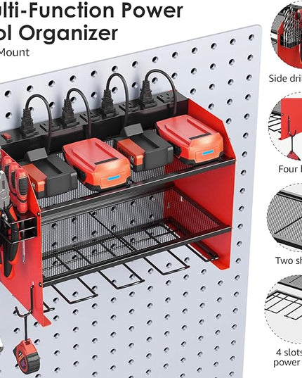 CCCEI Modular Power Tool Organizer Wall Mount with Charging Station. Garage Drill Storage Shelf with Hooks, Heavy Duty Rack, Tool Battery Holder Built in 8 Outlet. Gift for Men. Red, 2 Pack.