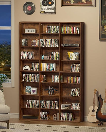 LELELINKY 8 Tier Tall Display Cabinet, Brown Media Storage Cabinet with Adjustable Shelves, Free Standing DVD Organizer Shelf, Floor Multimedia Storage Manga Bookshelf for Living Room & Home Office.