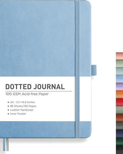 RETTACY Bullet Dotted Journal Notebook, 192 Pages, A5 Medium Size (5.7'' x 8.3''), Leather Hardcover, 100 GSM Thick Paper, for Bullet Journaling, Planning, Tracking (Light Blue)