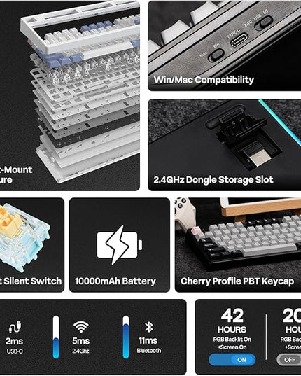 EPOMAKER TH108 PRO Full Size Mechanical Keyboard with Screen & Knob, Wireless Gaming Keyboard with 10000mAh, Creamy Gasket, Hot Swap, Custom Driver, RGB Backlight (Black, Sea Salt Silent)