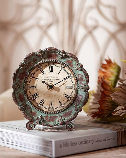 NIKKY HOME Table Top Clock, Vintage French Decorative Pewter Analog Desk Clock Battery Operated for Living Room Decor Shelf, Green