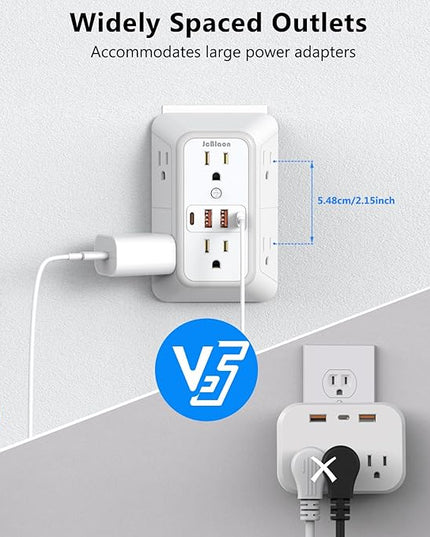 2 Pack Outlet Extender Surge Protector, 6 Outlet Splitter with 4 USB Outlet (2 USB A,2 USB C), 3Sided Power Strip with Adapter Spaced Outlets for Home, Office, Travel(White)