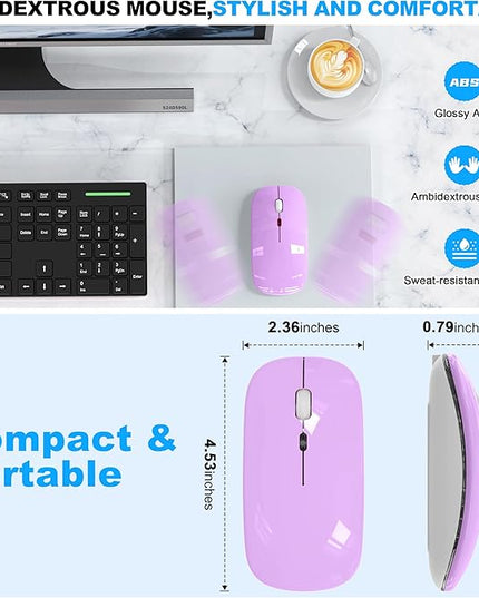 Azmall Bluetooth Wireless Mouse, Slim LED Rechargeable Silent Mouse with 2.4GHz USB-A/USB-C Receiver & Type-C Adapter, Compatible with Laptop, MacBook, iPad, iPad Pro,Mac,Tablet - Purple