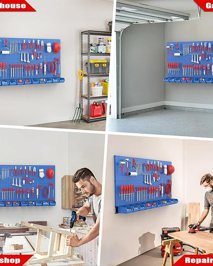 Ultrawall Pegboard Wall Organizer, Blue Metal Peg Board Panels, Garage Storage System with Hooks and Storage Bins, 59pcs