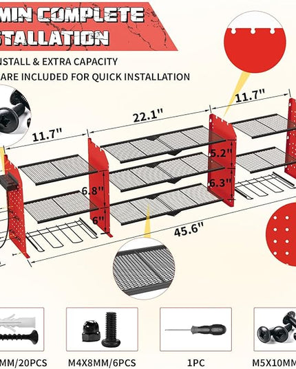 45" Large Power Tool Organizer Wall Mount with Charging Station - 3 Layer Storage Racks with 8 Cordless Drill Holder, 4 Hooks, Heavy Duty Garage Tool Organizer Storage for Workshop Pegboard Basement