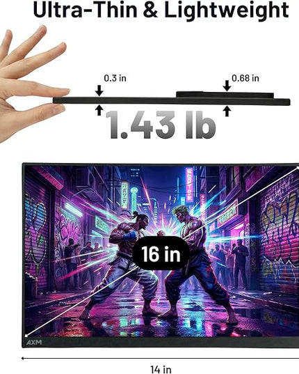 AXM 16" 2.5K Portable Monitor 2.5k QHD IPS 120Hz Adaptive Sync HDR Flicker-Free 400 Nits 100% DCI-P3 USB-C HDMI Gaming & Travel for Laptop Compatible with Windows, MacBook, Phone, Switch, Xbox PS4/5