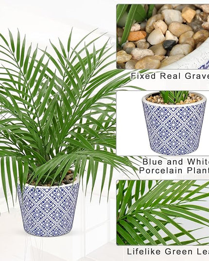 Hollyone Large Artificial Potted Plants Fake Palm Plants 16" Faux Green Plant Plastic Tropical Palm Tree in Blue and White Ceramic Pots Bohemian for Home Room Office House Indoor Decoration