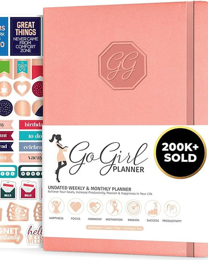 GoGirl Planner and Organizer for Women – Compact Size Weekly Planner, Goals Journal & Agenda to Improve Time Management, Productivity & Live Happier. Undated – Start Anytime, Lasts 1 Year – Peach Pink