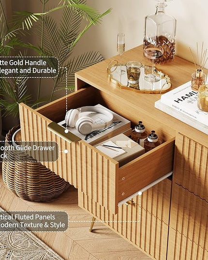 Garvee Fluted Dresser for Bedroom with 9 Drawers,63" Wide Modern Chest of Wooden Bedroom Chest with Metal Handle,Clothes Storage Organizer,Closet Dresser & TV Stand for Living Room,Hallway,Natural