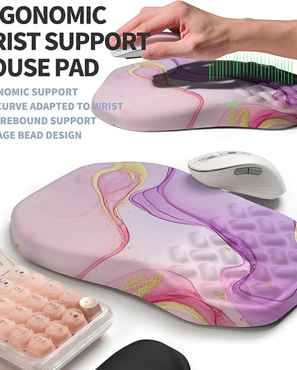 2-in-1 Ergonomic Set, Wave Keyboard Wrist Rest and Massage Slope Mouse Pad Wrist Support, Rebound Memory Foam for Relieve Carpal Tunnel Syndrome and Wrist Pain (Pink Purple Marble)