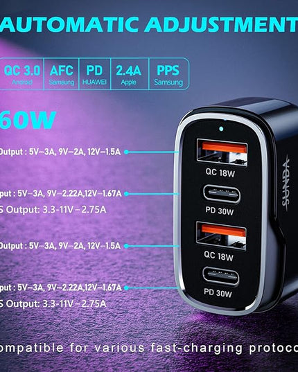 SUNDA 60W USB C Fast Car Charger | 4-Ports Car Charger Adapter | Dual Type C PD30W/PPS30W Compatible with iPhone17/16 Pro/Max/iPhone15/Galaxy/SamsungS25 | Dual USB-A 18W QC3.0 for Android(Black)